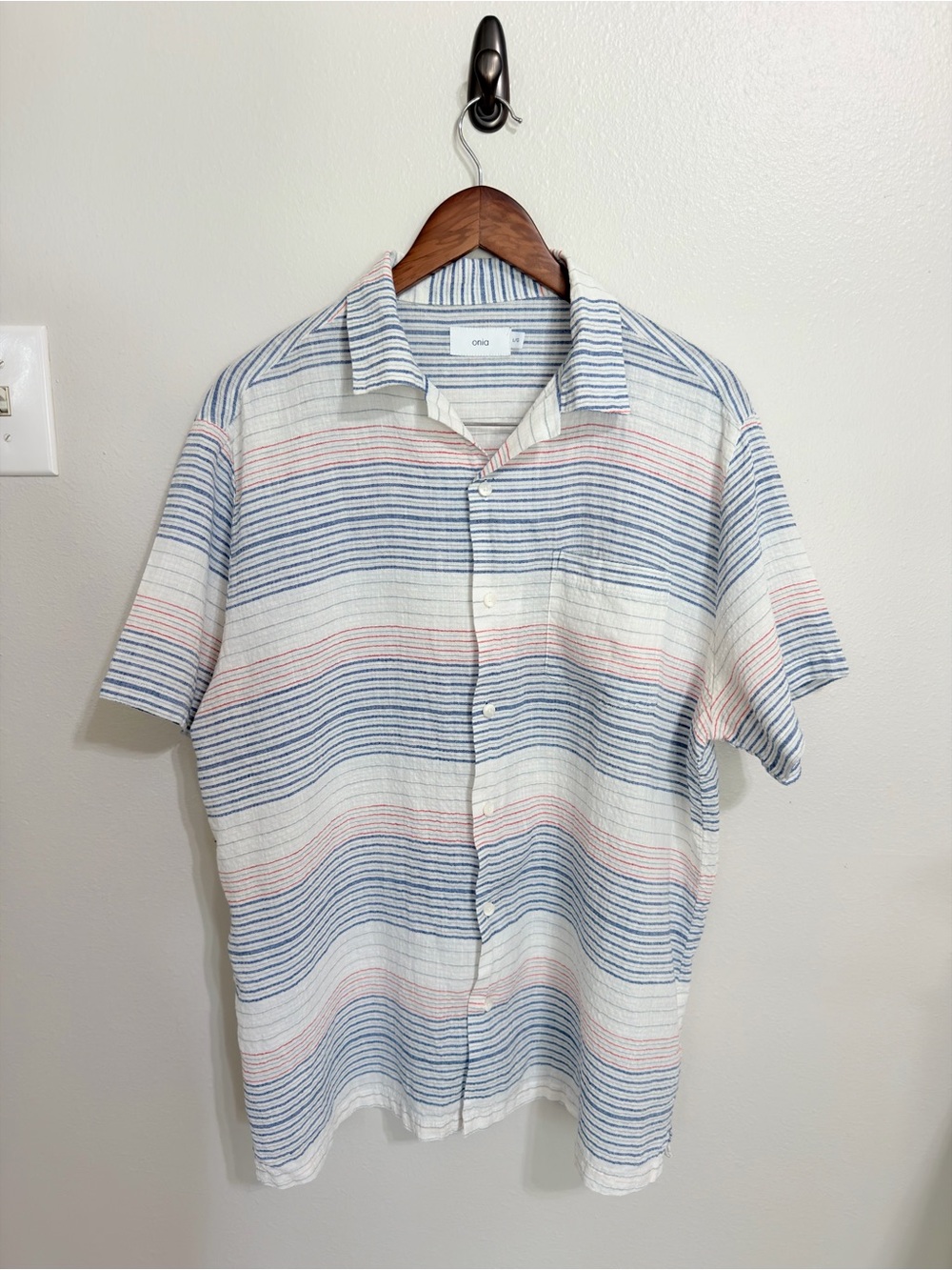 Onia Men's Striped Linen Blend Short Sleeve Camp Shirt